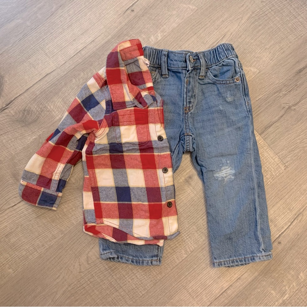 GAP • 18/24M Red and Blue Plaid Shirt with Blue Jeans Set
